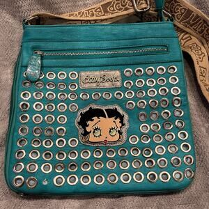Betty Boop Purse Turquois Riveted Bling Large Handbag Logo Strap Expandable RARE